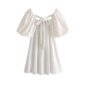 Aachoae Summer White Mini Dress Women Puff Short Sleeve Sweet Cotton Dresses Back Bow Tie Hollow Out Solid Casual Dress Vestidos