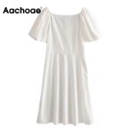 Aachoae-Solid-V-Neck-Mini-Dress-Women-Summer-Lantern-Short-Sleeve-Elegant-Dresses-Button-Pleated-Casual-Green-White-Dress-Female