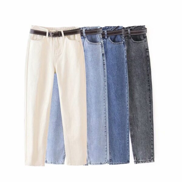 Aachoae Fashion Women Mom Jeans With Belt Cowboy Long Trousers Boyfriend Stretch Jeans Casual Female Washed Denim Harem Pants