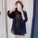 Aachoae-Solid-Black-Women-Shirt-Chic-Beading-Button-Three-Quarter-Sleeve-Ladies-Blouse-Sexy-See-Through-Shirt-Transparent-Blouse