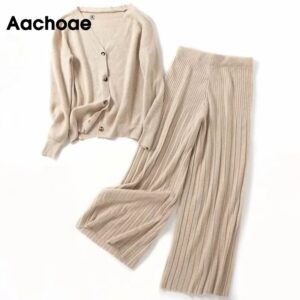 Aachoae Casual Elegant Women 2 Piece Set Knitted Long Sleeve Cardigan Sweater Set Ladies Wide Leg Pants Outfits Wool Tracksuits