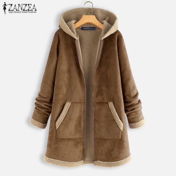 2020 Plus Size ZANZEA Winter Zipper Fleece Jackets Women Vintage Solid Hooded Long Sleeve Warm Coats Overcoats Femme Outwear