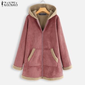 2020 Plus Size ZANZEA Winter Zipper Fleece Jackets Women Vintage Solid Hooded Long Sleeve Warm Coats Overcoats Femme Outwear