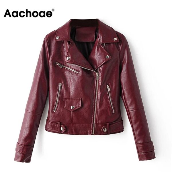 Aachoae Women PU Faux Leather Jacket Coat Streetwear 2020 Turn Down Collar Solid Moto Biker Jacket Long Sleeve Zipper Outerwear