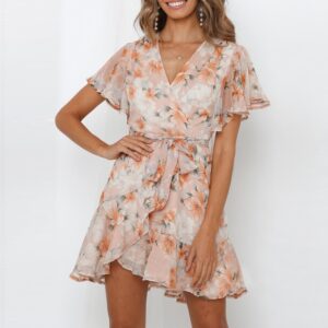 Aachoae Boho Floral Print Mini Chiffon Dress V Neck Flare Short Sleeve Beach Dress Summer Bandage Ruffle A Line Dress Robe Femme