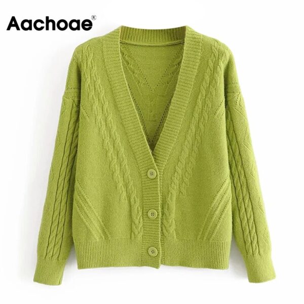 Aachoae Solid Casual Knitted Cardigan Women V Neck Twist Sweater 2020 Autumn Winter Batwing Long Sleeve Top Chic Cardigan Coat