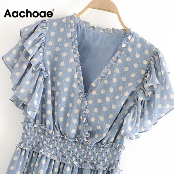 Aachoae V Neck Elegant Midi Dress Women Summer 2020 Ruffles Short Sleeve Casual Dot Dress Elastic Waist Pleated Dress Vestido