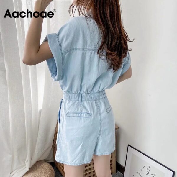Aachoae Fashion Light Blue Color Denim Jumpsuit Women Summer Batwing Short Sleeve Loose Playsuit Female Pockets Casual Jumpsuits