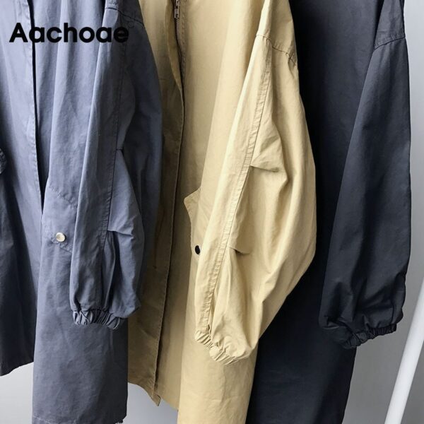 Aachoae Casual Solid Korean Trench Coat Women Loose Batwing Long Sleeve Jacket Female Zipper O Neck Oversize Trench Abrigo Mujer