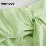 Aachoae Chic Pleated Green Mini Dress Women Fashion Short Sleeve Cotton Bodycon Dress Turn Down Collar Ladies Office Dresses