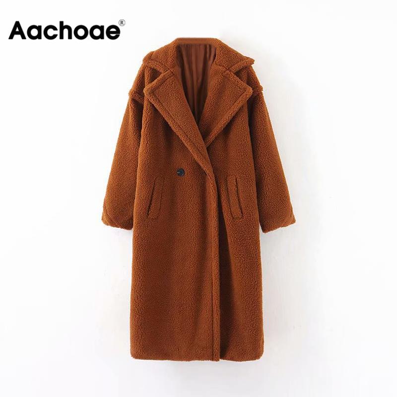 Aachoae Winter Casual Solid Teddy Coat Women Long Sleeve Fleece Long Jacket Turn Down Collar Lamb Fur Coat Outerwear Fourrure