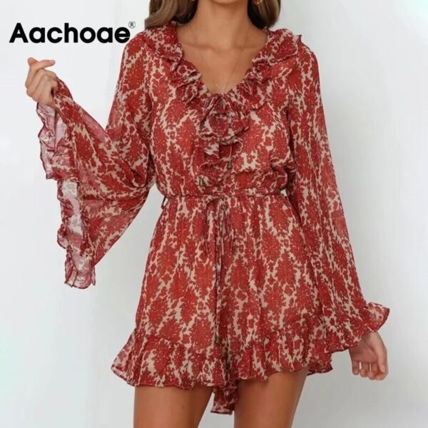 Aachoae Boho Floral Print Playsuit Women Summer 2020 Flare Long Sleeve Ruffle Party Bodysuit Chic V Neck Chiffon Beach Jumpsuit