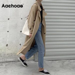 Aachoae Women Solid Long Trench Coat Double Breasted Elegant Office Coat With Belt Batwing Sleeve Female Casual Jacket Outerwear