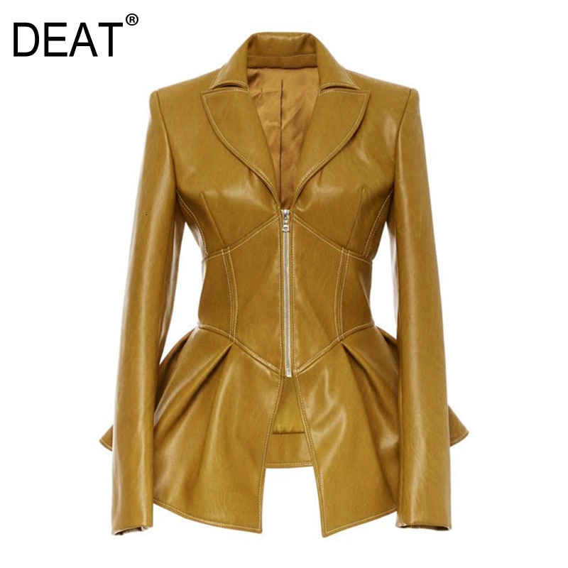 DEAT 2020 new turn-down collar full sleeves high waist zippers short PU Leather jacket autumn and winter coat WJ74616