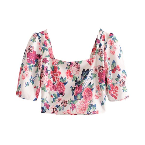Aachoae Summer Crop Top Blouse Women Vintage Floral Print Puff Short Sleeve Shirts Square Collar Boho Chic Tops Blusas Mujer