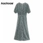Aachoae 2020 Vintage Floral Print Midi Dress Women V Neck Chic Pleated Dress Ruffle Short Sleeve Party Dresses Robe Femme