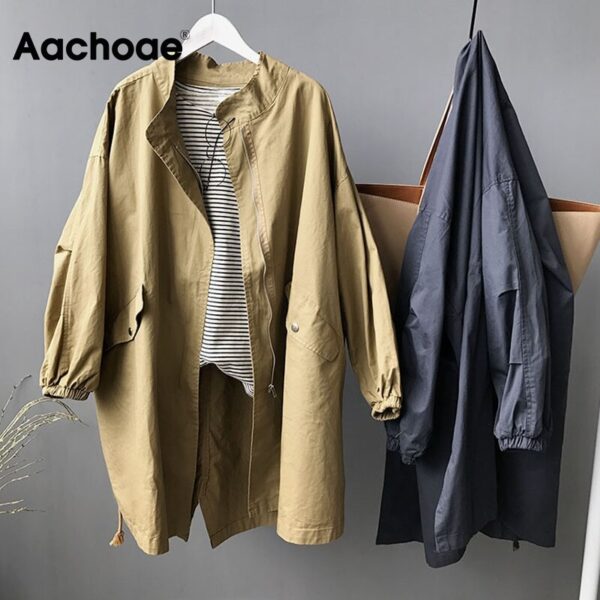 Aachoae Casual Solid Korean Trench Coat Women Loose Batwing Long Sleeve Jacket Female Zipper O Neck Oversize Trench Abrigo Mujer