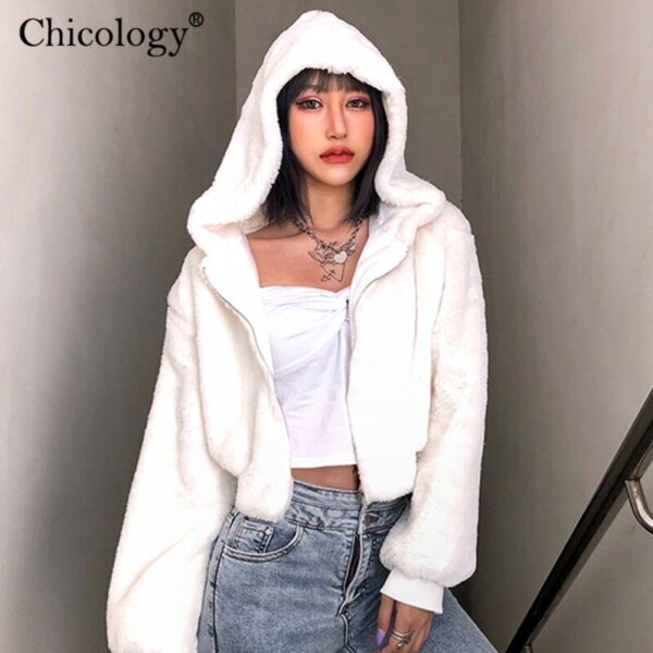 Chicology women fur hooded long sleeve jacket coat velvet windbreak warm outerwear 2019 autumn winter crop top casual clothes