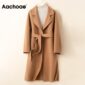 Aachoae 100% Wool Long Coat With Belt Women Elegant Long Sleeve Winter Pockets Overcoat Casual Side Split Outerwear Coats