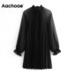 Aachoae Women Black Pleated Dress Spring Butterfly Long Sleeve Mini Dress See Through Ruffled Collar Casual Dress Female Vestido