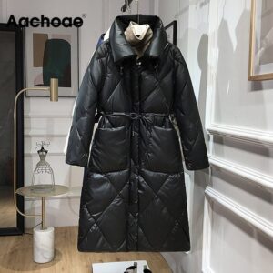 Aachoae Winter Autumn Thicken Warm Parka Women Long Sleeve Solid Casual Long Coat Female Bandage Pocket Office Coat Outerwear