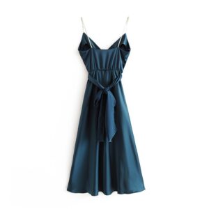 Aachoae Women Satin Blue Party Dress Sexy Sleeveless Backless Long Dresses Female Solid Elastic Waist Spaghetti Strap Dress