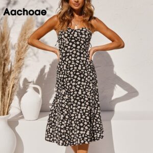 Aachoae Sexy Spaghetti Strap Floral Print Holiday Beach Dress Summer 2020 Split Backless Party Midi Dress Women Sundresses Robe