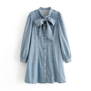 Aachoae Women A Line Denim Mini Dress 2020 Ladies Bow Tie Collar Chic Party Dresses Puff Long Sleeve High Street Button Up Dress