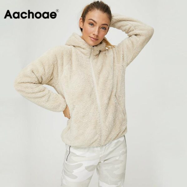 Aachoae Faux Fur Coat Hooded Pockets Jackets Women Autumn Winter 2020 Casual Solid Long Sleeve Teddy Coat Fleece Zip Up Outwear