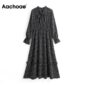 Aachoae Vintage Elegant Bow Tie Collar Print Dress Women Long Sleeve Ruffle Midi Dress Elastic Waist Casual Black Dresses 2020