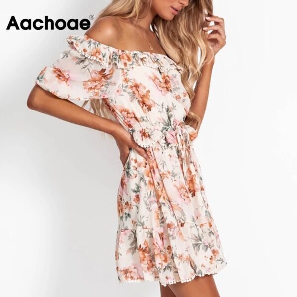 Aachoae Sexy Off Shoulder Chiffon Mini Dress Women Lace Ruffles Floral Print Boho Beach Dress Short Sleeve Bow Tie Party Dresses