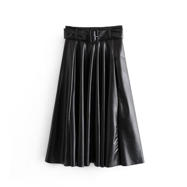 Aachoae Women Vintage Faux Leather Skirt With Belt 2020 Elegant Office Ladies Black PU Midi Skirt Pleated Casual Ladies Skirts