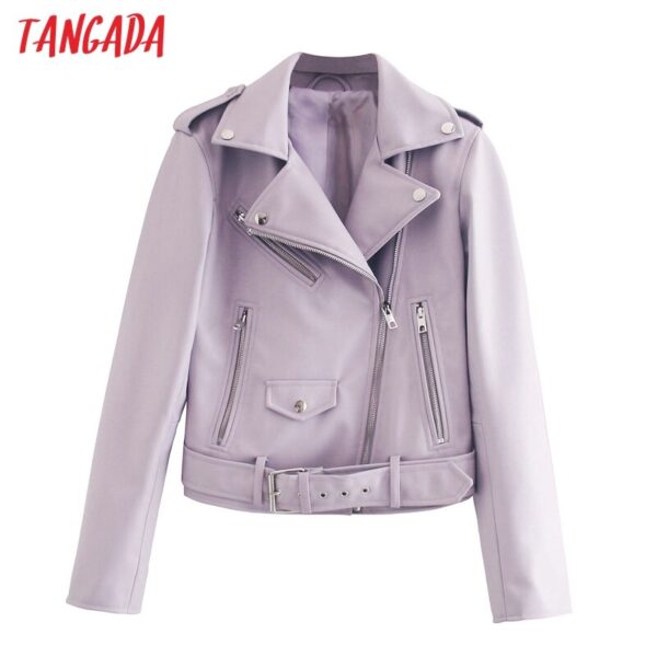 Tangada 2020 Autumn Winter Women Purple Pu Faux Leather Jacket With Belt Zipper Short Biker Jackets Coat Female Outwear Tops JE1