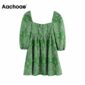Aachoae Chic Floral Embroidery Mini Dress Women Vintage Puff Sleeve Green Pleated Dress Female Square Collar Casual Dresses