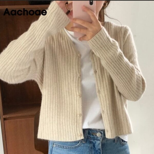 Aachoae Solid Color Cardigan Sweater Women Elegant V Neck Knitted Tops Long Sleeve Casual Cardigans Autumn Winter Pull Femme