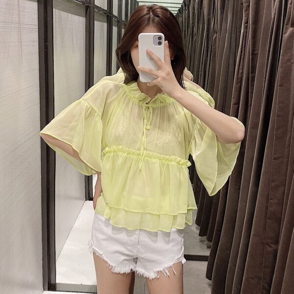 Aachoae Women Ruffled See Through Blouses Fashion Bow Tie Flare Sleeve Chiffon Blouse Solid Sweet Transparent Shirt Ladies Tops