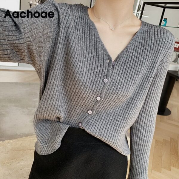 Aachoae 2020 Autumn Casual Knitwear Sweater Women V Neck Solid Cardigan Tops Long Sleeve Ladies Sweaters Winter Cardigans Mujer
