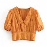 Aachoae-Women-Solid-Cotton-Embroidery-Blouse-Shirt-Short-Sleeve-Hollow-Out-Chic-Crop-Top-Turn-Down-Collar-Casual-Orange-Blouses