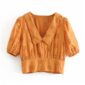 Aachoae Women Solid Cotton Embroidery Blouse Shirt Short Sleeve Hollow Out Chic Crop Top Turn Down Collar Casual Orange Blouses