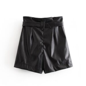 Aachoae 2020 Pu Leather Shorts Women High Waist Black Short With Belt Autumn Winter Female Faux Leather Pleated Mini Short Pants