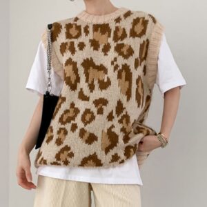 Aachoae High Street Leopard Sweater Vest Women O Neck Pullover Sweaters Sleeveless Loose Fashion Knit Ladies Tops Autumn Spring