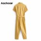 Aachoae Solid Office Wear Jumpsuit Women Turn Down Collar Casual Jumpsuit With Belt Baggy Short Sleeve Full Length Jump Suit