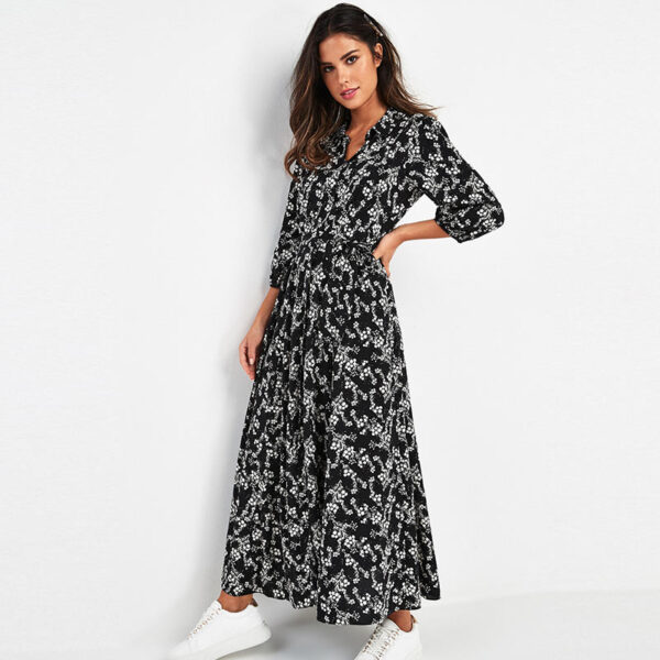 Aachoae 2020 Women Long Printed Dresses Three Quarter Sleeve Bohemian Maxi Dress Turn Down Collar Shirt Dress Vestidos Mujer