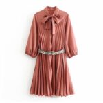 Aachoae-Elegant-Pleated-Pink-Dress-Women-Bow-Tie-Collar-Stylish-Mini-Dresses-With-Snake-Belt-2020-Ladies-A-Line-Chic-Party-Dress