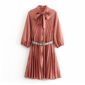 Aachoae Elegant Pleated Pink Dress Women Bow Tie Collar Stylish Mini Dresses With Snake Belt 2020 Ladies A Line Chic Party Dress