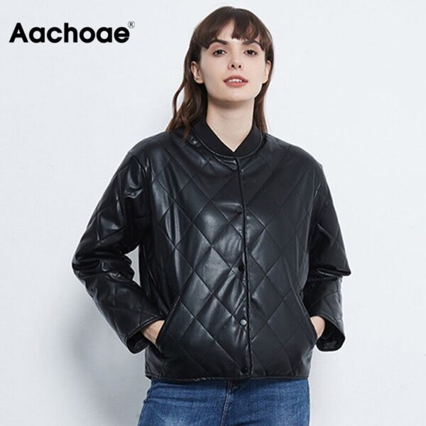 Aachoae Fashion Argyle Padded Jacket Women PU Faux Leather Long Sleeve Coat Female Loose Casual Ladies Winter Jackets 2020