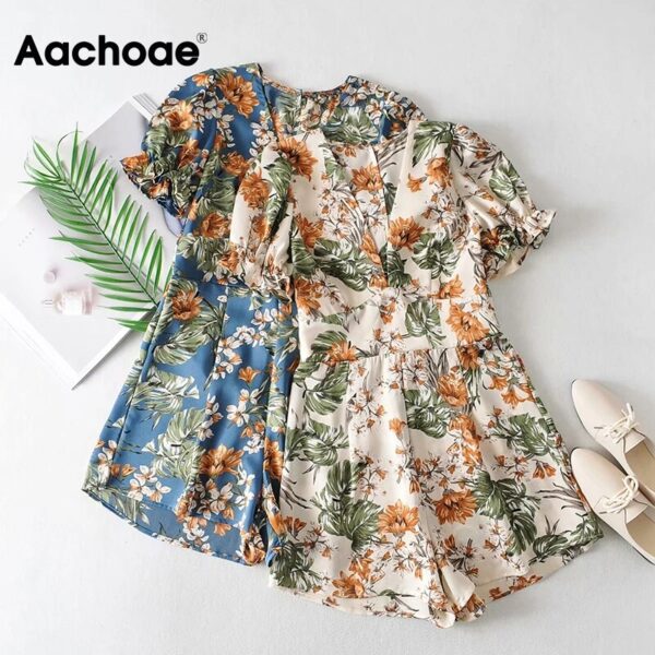 Aachoae Boho Style Floral Playsuit Women Summer 2020 Sexy Deep V Neck Beach Playsuits Back Hollow Out Holiday Romper Female