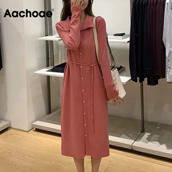 Aachoae Pure Knitted Elegant Dress Women Long Sleeve Soft Casual Midi Dress With Belt Turn Down Collar Office Shirt Dress 2020