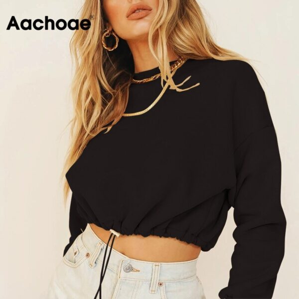 Aachoae Solid Casual Pullover Sweatshirt Women Batwing Long Sleeve Loose Sports Style Cropped Tops O Neck Tracksuit Hoodies Lady