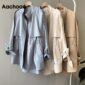 Aachoae 2020 Women Solid Casual Trench Bow Tie Batwing Sleeve Pockets Coat Female Stand Collar Single Breasted Korean Outerwear
